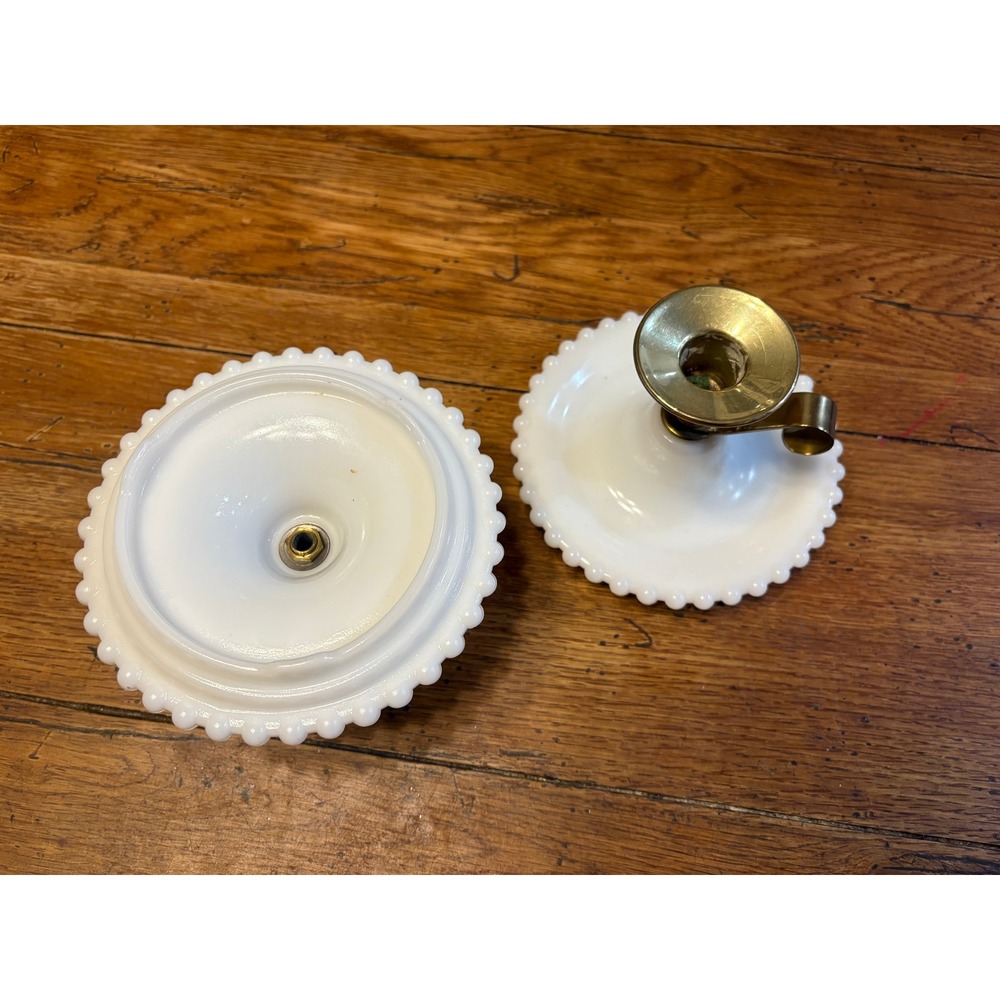 Pair of Vintage Brass & Hobnail Milkglass Chamberstick Candlestick Holders - Picture 2 of 6